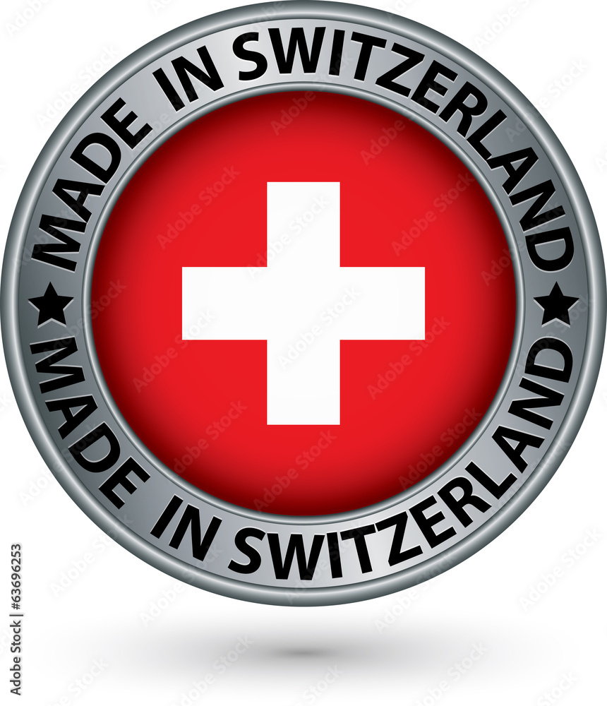 Made in Switzerland silver label with flag, vector illustration Made in Switzerland silver label with flag, vector illustration