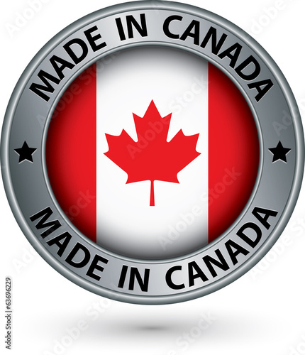 Made in Canada silver label with flag, vector illustration