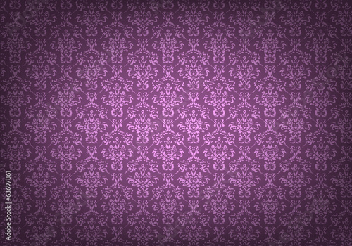 Empty old grungy room with purple vintage wallpaper