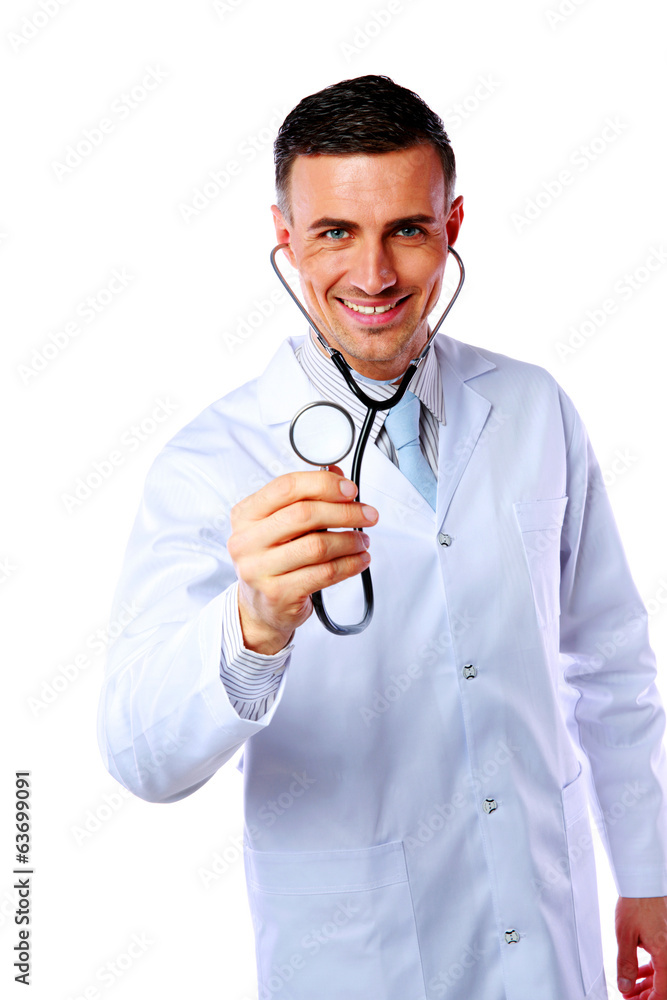 Cheerful male doctor holding stethoscope over white background Cheerful male doctor holding stethoscope over white background