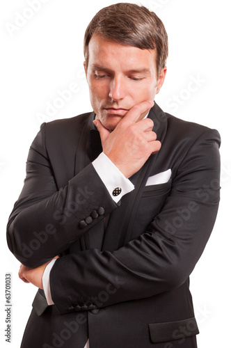 Real gentleman thinking, isolated on a white background.