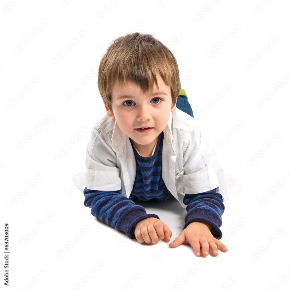 Boy pointing to the front over white background Boy pointing to the front over white background