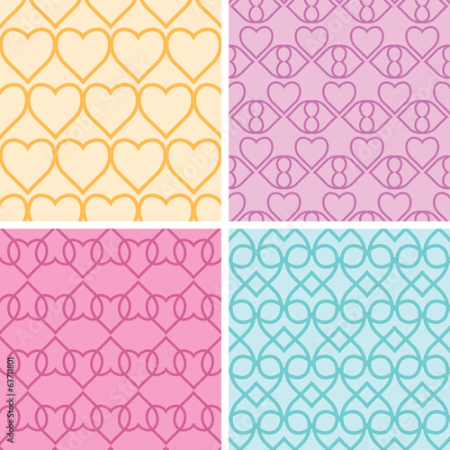 Four matching heart motives seamless patterns background set
