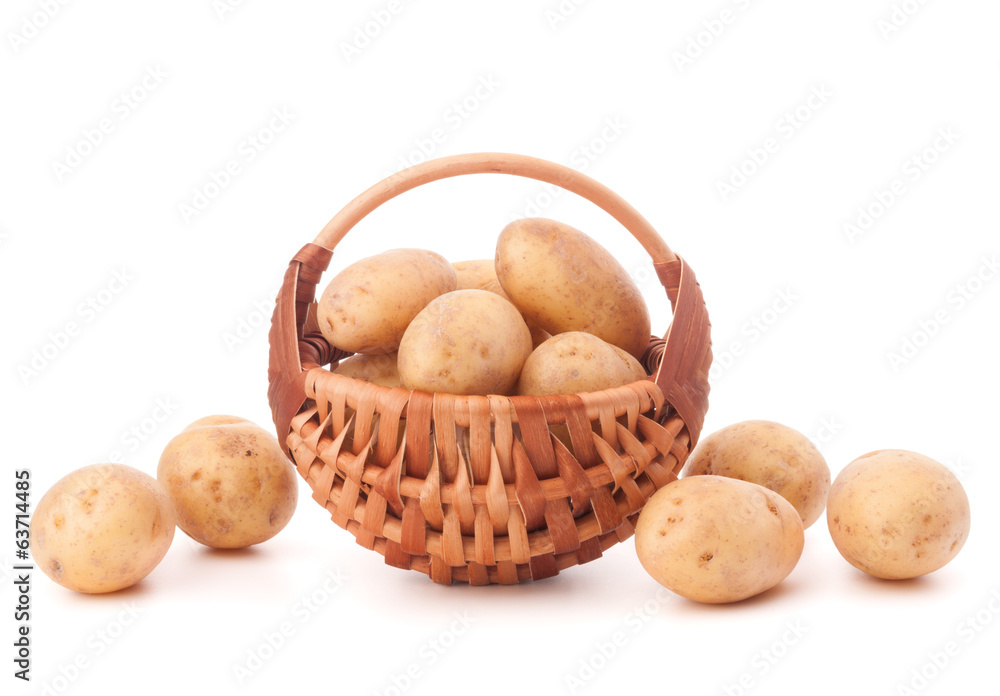 Potato tuber in wicker basket isolated on white background Potato tuber in wicker basket isolated on white background