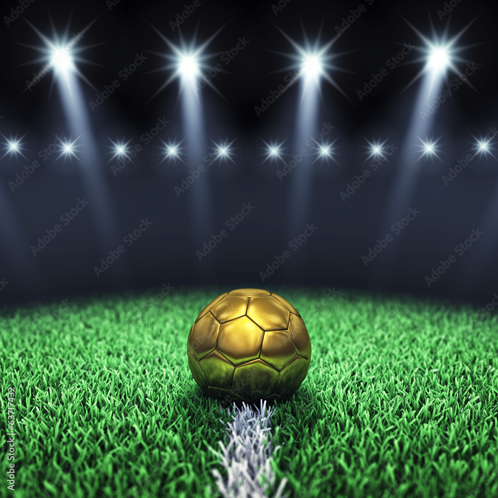 Obraz premium Stadion piłkarski i złota piłka, stadion piłkarski