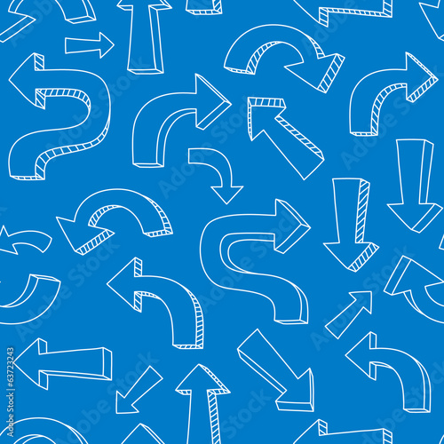 Sketchy white arrows and pointers on blue seamless pattern