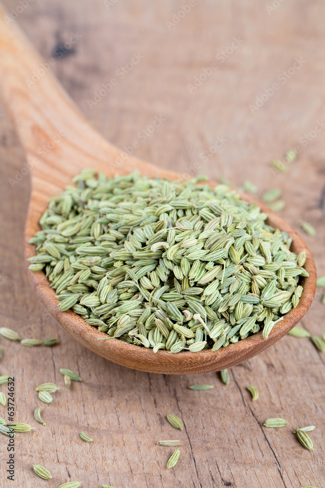 fennel seed in a wooden spoon on table fennel seed in a wooden spoon on table