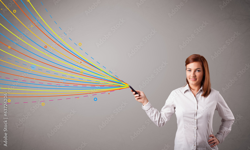 Happy girl holding a phone with colorful abstract lines Happy girl holding a phone with colorful abstract lines