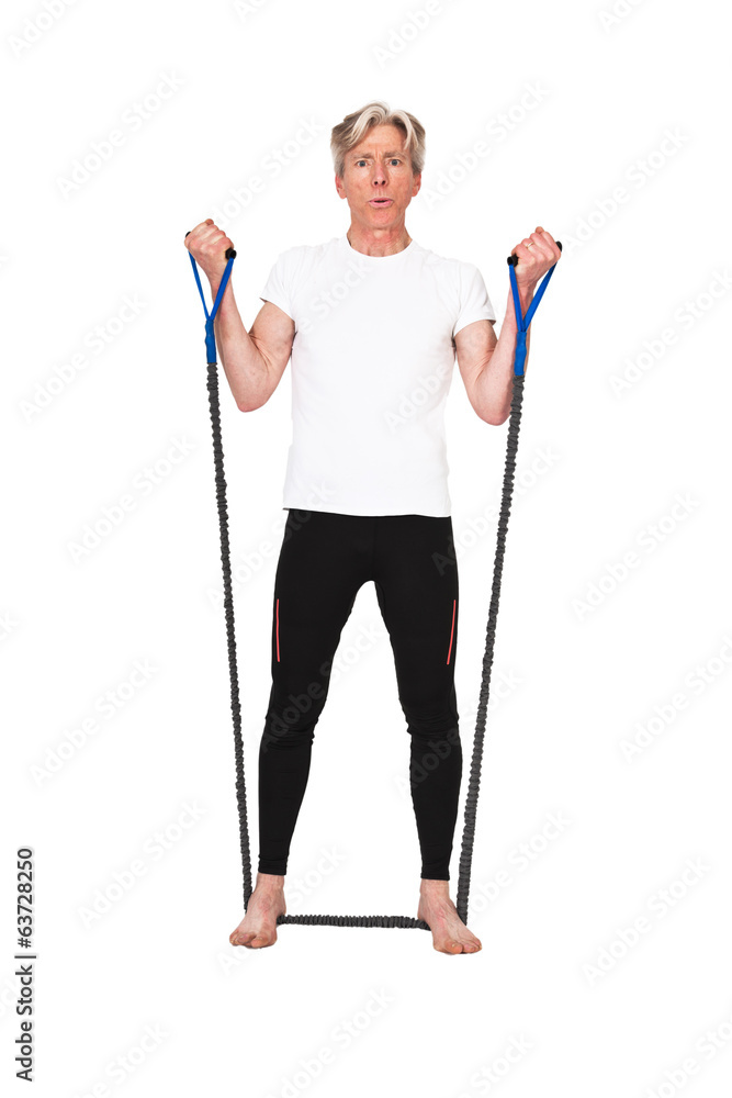 Senior fitness man exercising with blue elastics. Isolated on wh Senior fitness man exercising with blue elastics. Isolated on wh