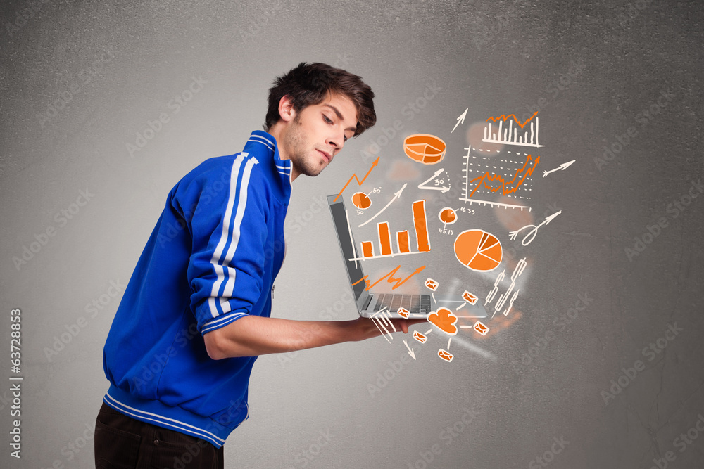 Handsome man holding laptop with graphs and statistics Handsome man holding laptop with graphs and statistics