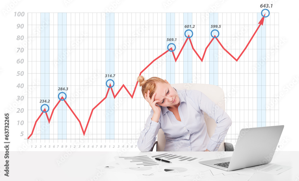 Young businesswoman calculating stock market with rising graph i Young businesswoman calculating stock market with rising graph i