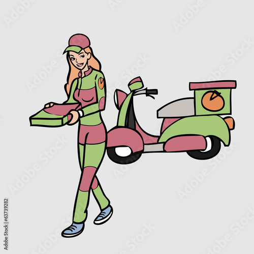 Pizza girl and motocycle