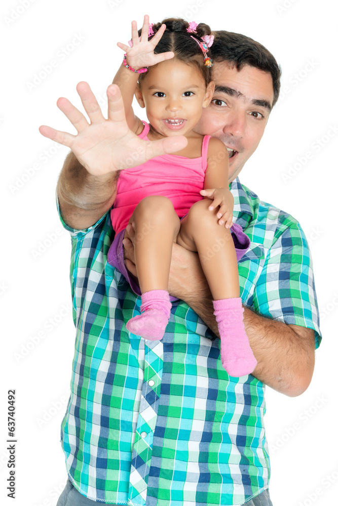 Father and his small daughter waving their hands Father and his small daughter waving their hands