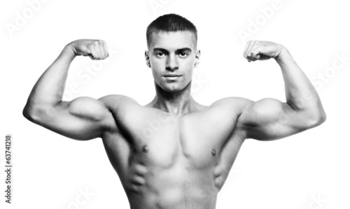 man showing double biceps