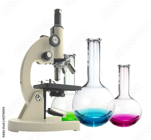 Laboratory metal microscope and test tubes with liquid isolated