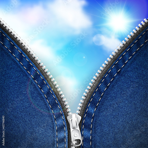 Denim background with open zipper and blue sky with clouds