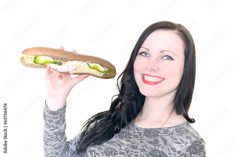 Fun woman with sandwich on the white background Fun woman with sandwich on the white background
