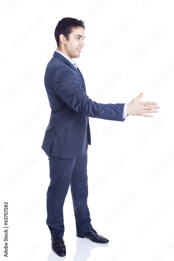 Business man with hand extended to handshake, isolated on white Business man with hand extended to handshake, isolated on white