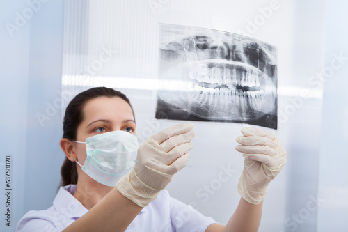 Fototapeta Naklejka Na Ścianę i Meble -  Female Dentist Looking At Dental Xray