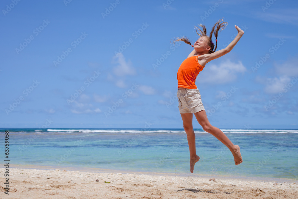 flying jumping beach girl at blue sea shore in summer vacation i flying jumping beach girl at blue sea shore in summer vacation i