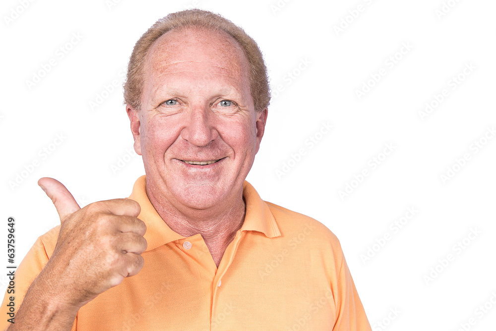Handsome old man in orange polo-shirt shows thumb up Handsome old man in orange polo-shirt shows thumb up