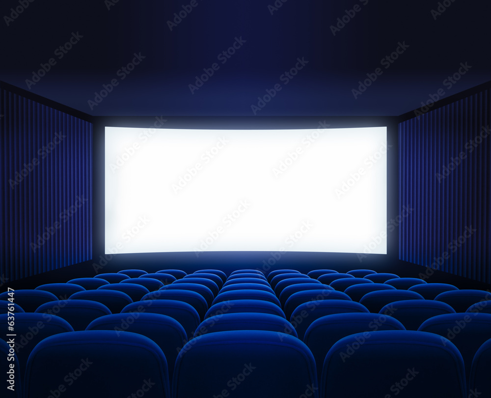 blue cinema empty hall with blank screen for movie presentation