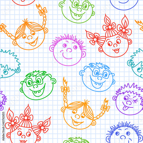Seamless doodle smiling kids faces pattern