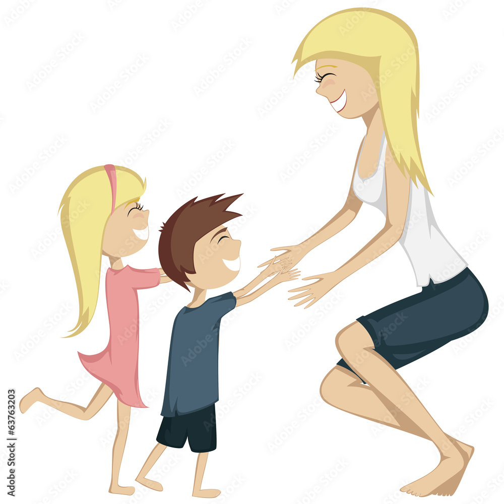 Hug Your Mom! Colorful cartoon-style daughter, son and mom. Stock Vector |  Adobe Stock