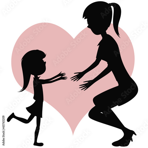 Hug Your Mom! Silhouettes with a little girl and her mother.