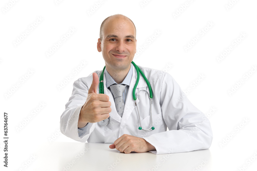 Happy male doctor with thumbs up isolated on white background Happy male doctor with thumbs up isolated on white background