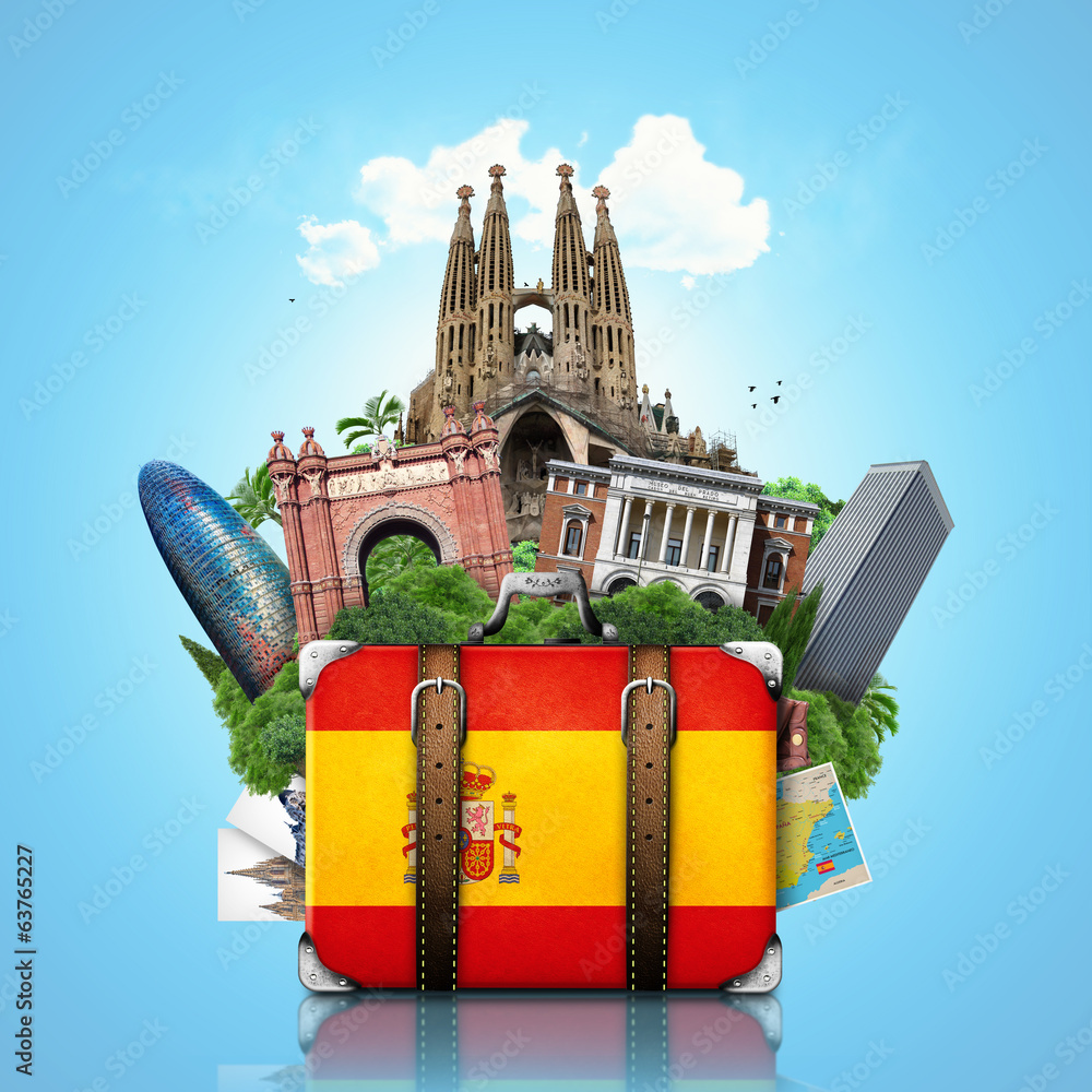 Spain, landmarks Madrid and Barcelona, travel suitcase - obrazy, fototapety, plakaty 