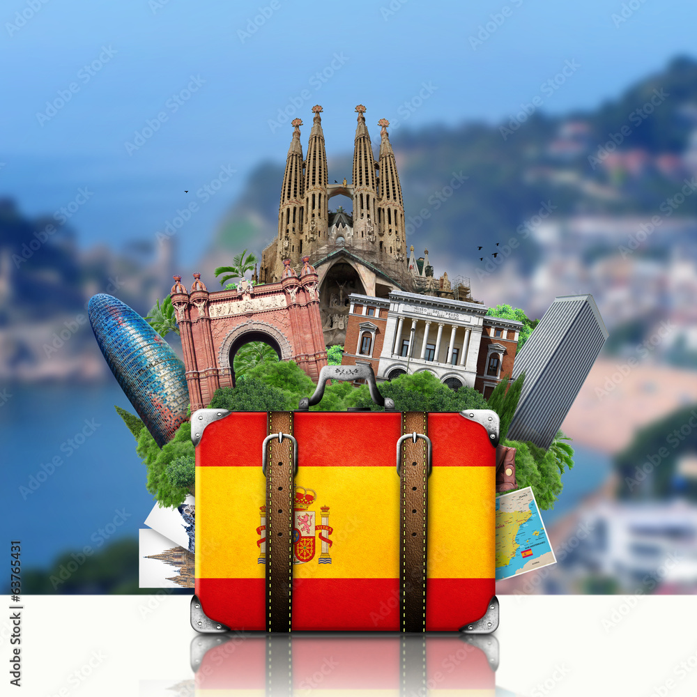 Fototapeta premium Spain, landmarks Madrid and Barcelona, travel suitcase