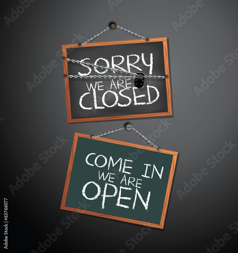 Open and Closed Signs on blackboard hanging with chain