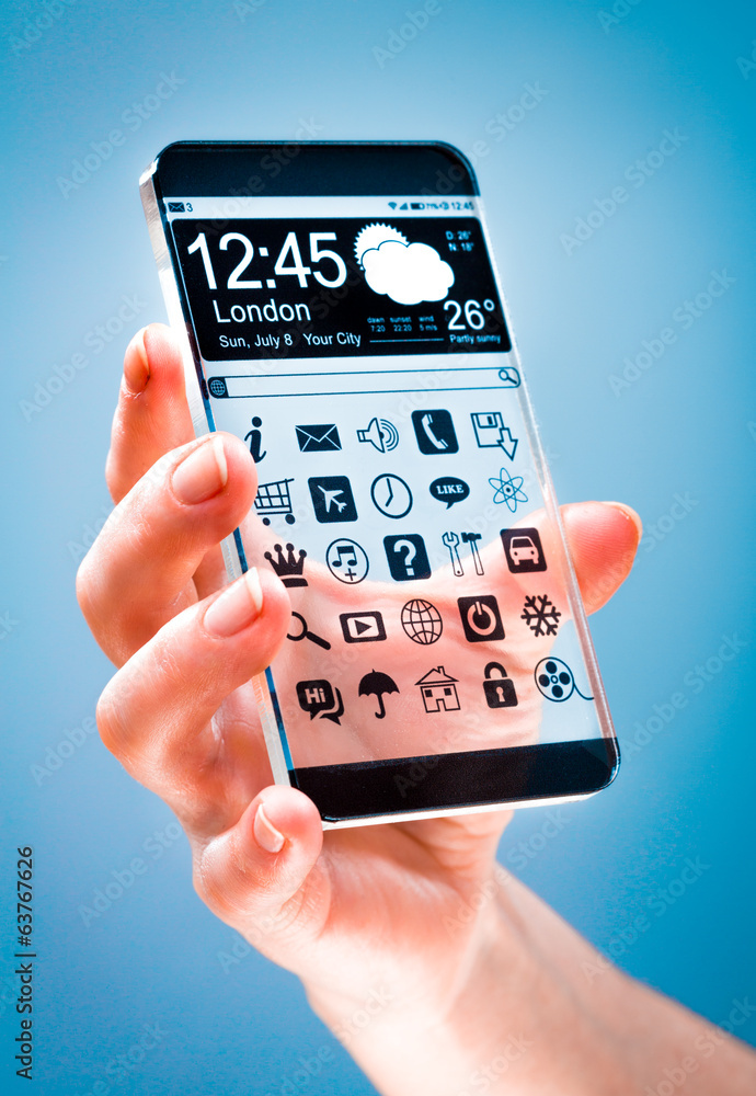 Smartphone with transparent screen in human hands. Smartphone with transparent screen in human hands.