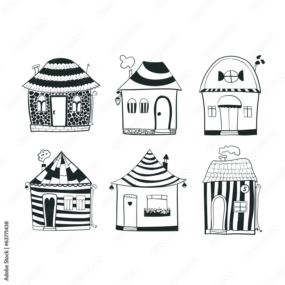 Set sketch black and white outline houses in cartoon style