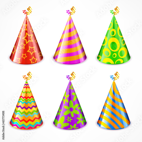 Set of colorful party hats with decorations on white, vector