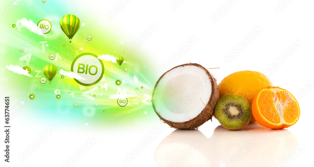 Colorful juicy fruits with green eco signs and icons Colorful juicy fruits with green eco signs and icons