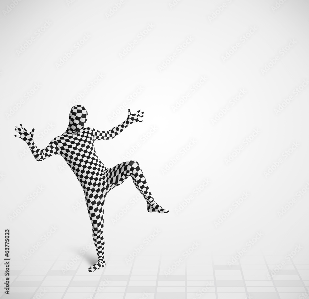 Funny guy in morphsuit body suit looking at copy space Funny guy in morphsuit body suit looking at copy space