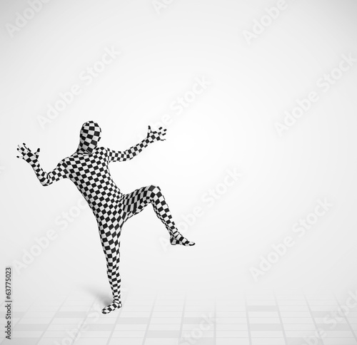 Funny guy in morphsuit body suit looking at copy space