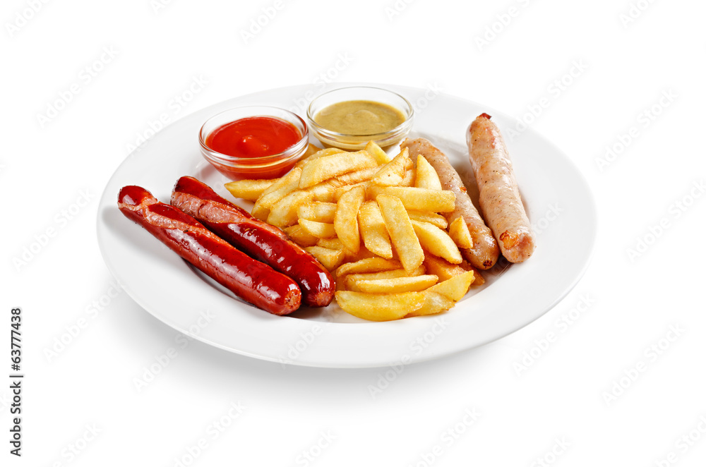 grilled sausage with french fries on a white background grilled sausage with french fries on a white background