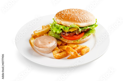 hamburger with fries and sauce on a white background