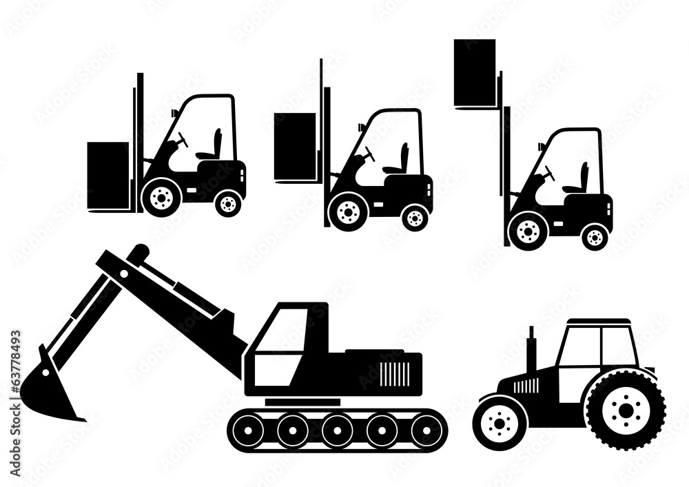 Naklejka premium Tractor, excavator and forklift on white background