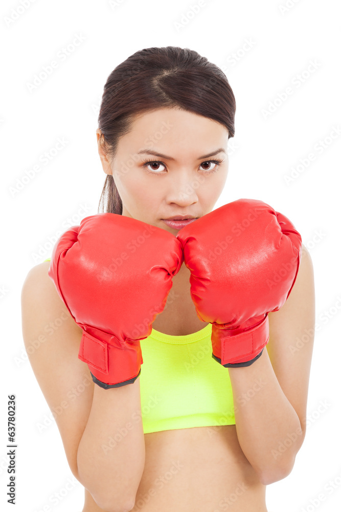 Boxing fitness woman concentrating and protecting pose Boxing fitness woman concentrating and protecting pose