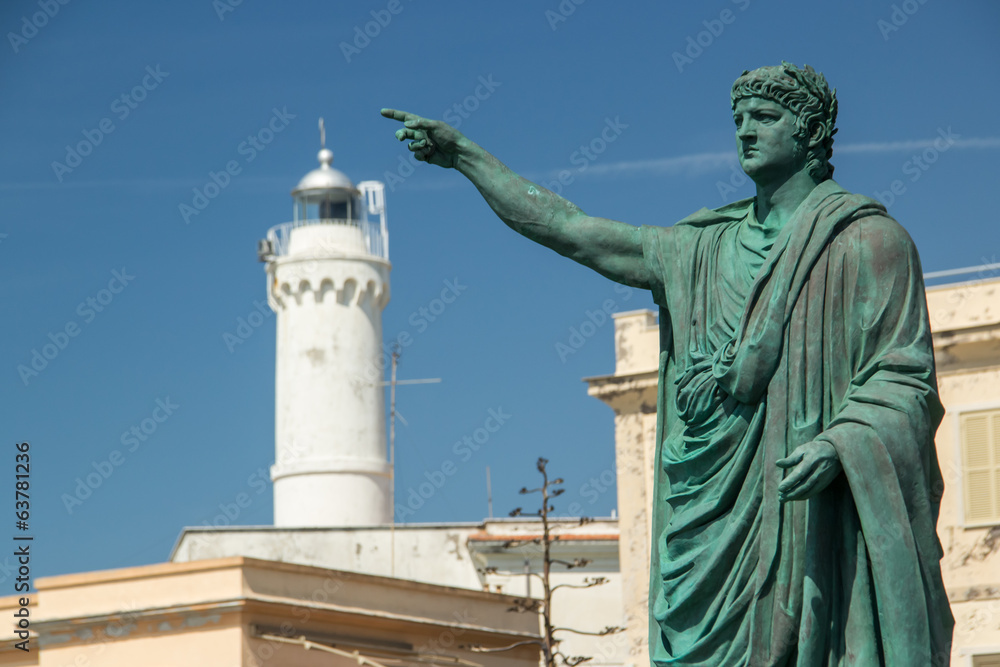 nero statue and lighthouse in Anzio, Italy