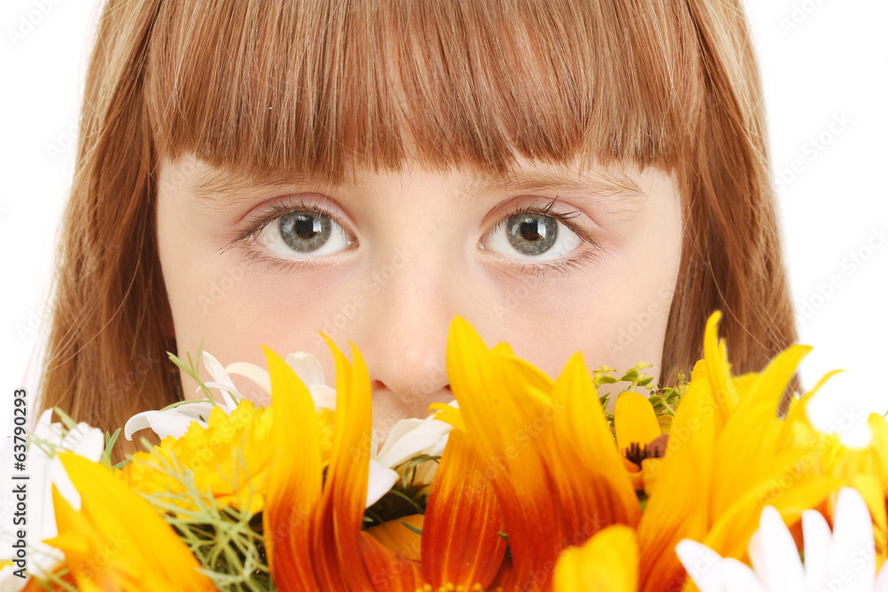 Portrait of beautiful little girl with flowers isolated on Portrait of beautiful little girl with flowers isolated on