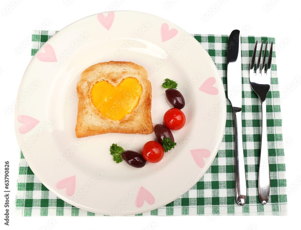 Scrambled eggs with bread on plate, on color napkin Scrambled eggs with bread on plate, on color napkin