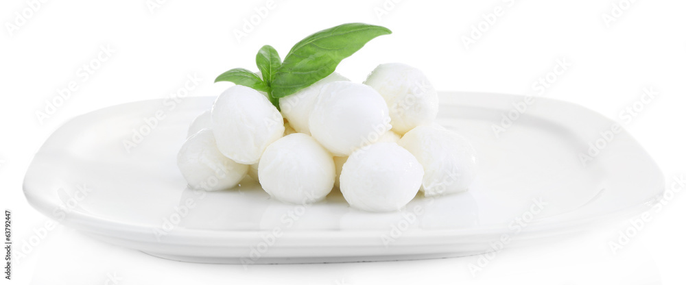 Tasty mozzarella cheese with basil on plate isolated on white Tasty mozzarella cheese with basil on plate isolated on white