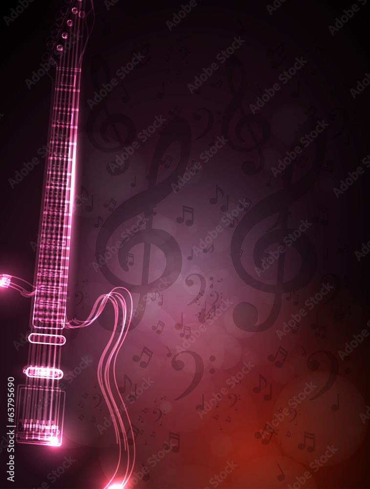 music note and neon light guitar, grunge music background - obrazy, fototapety, plakaty 