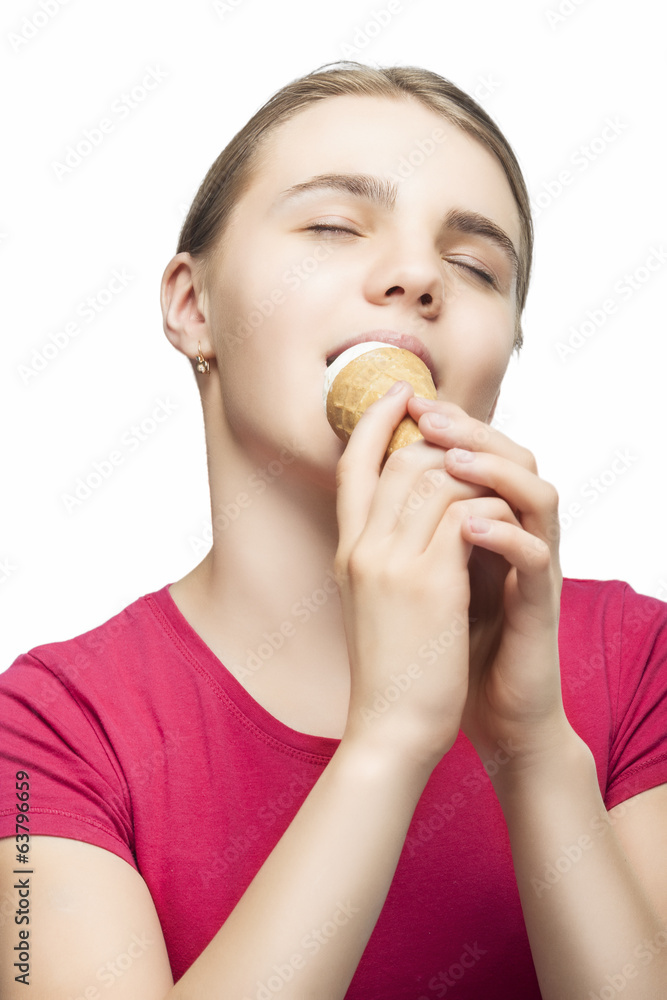 Girl Eating Ice-Cream Cone and Enjoying with Eyes Closed Girl Eating Ice-Cream Cone and Enjoying with Eyes Closed