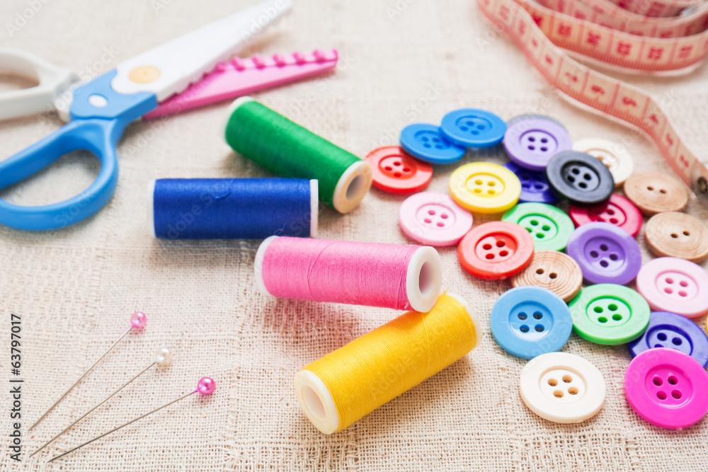 Sewing accessories on fabric Sewing accessories on fabric